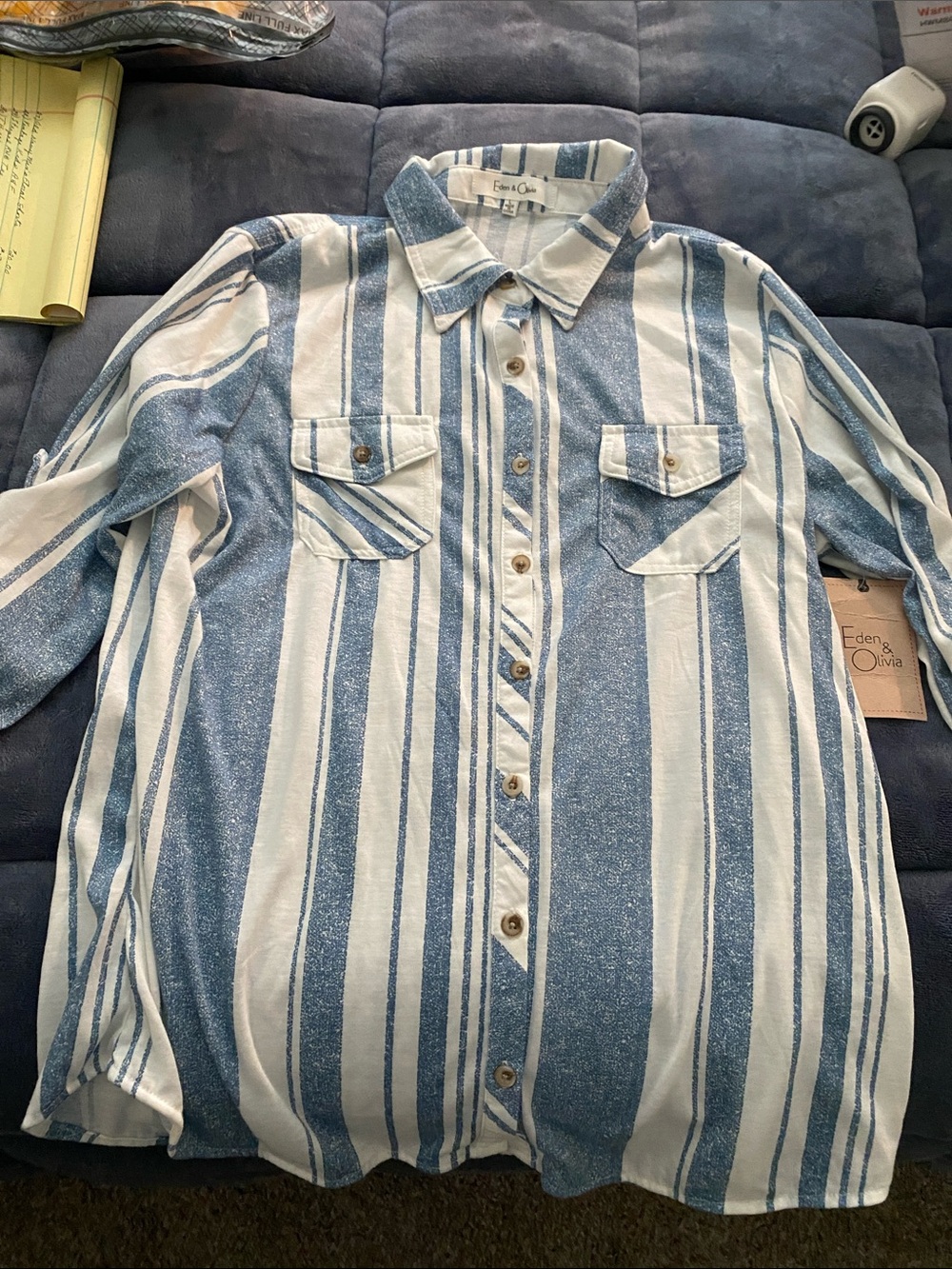 Eden & Olivia Blue and White Vertical Stripe Button-Up